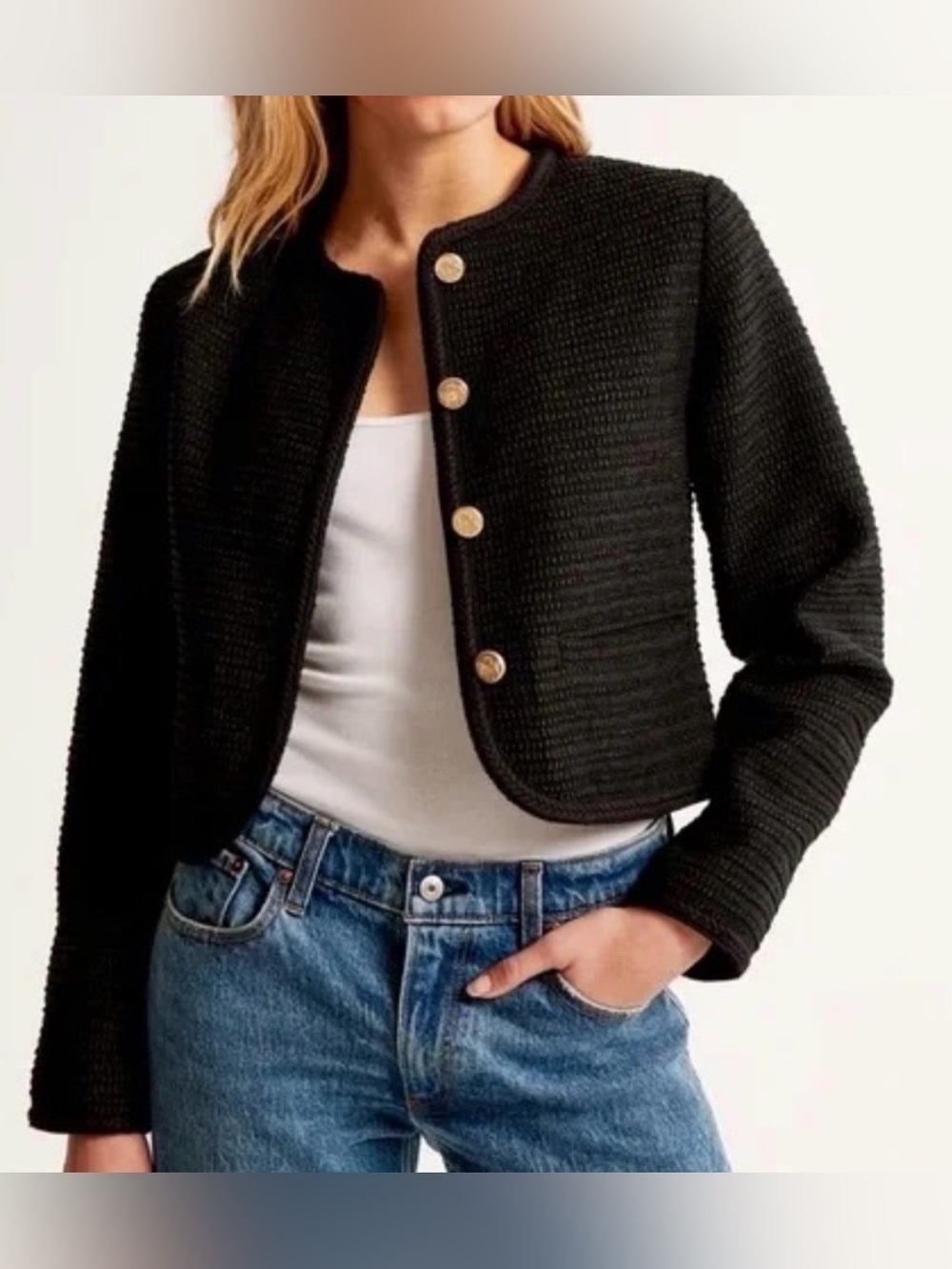 Abercrombie & Fitch Black Tweed Cropped Button Blazer Jacket size M